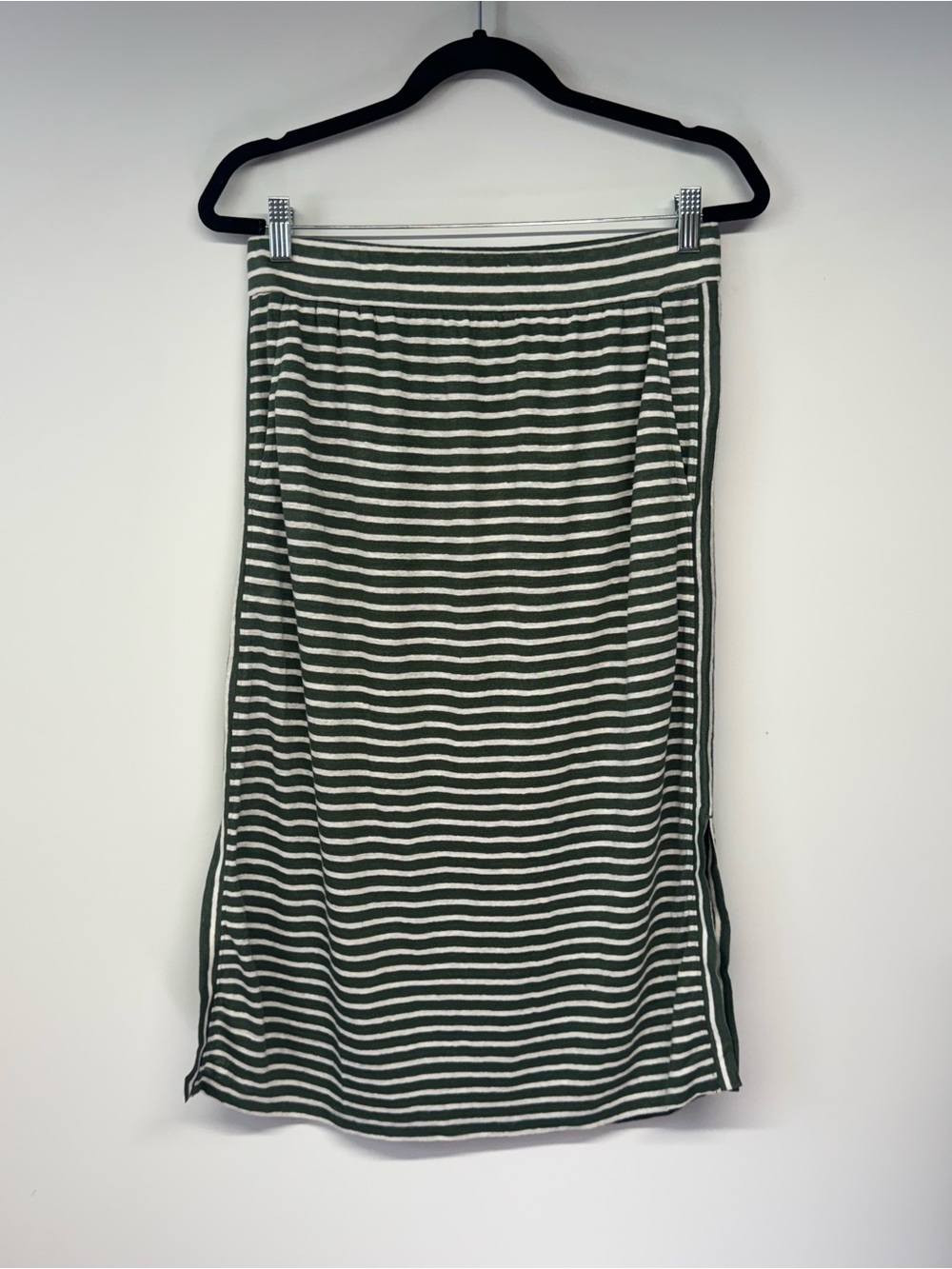 Eileen Fisher Olive Green and White Striped Midi Skirt, Linen NWT XS